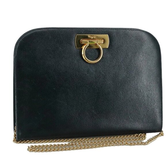 Salvatore Ferragamo Gancini Chain Shoulder Bag Leather Black Auth 105616 - Picture 1 of 16